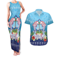 Guam Chamorro Couples Matching Tank Maxi Dress and Hawaiian Shirt Tribal Latte Stone With Dolphins Blue LT05 Blue - Polynesian Pride