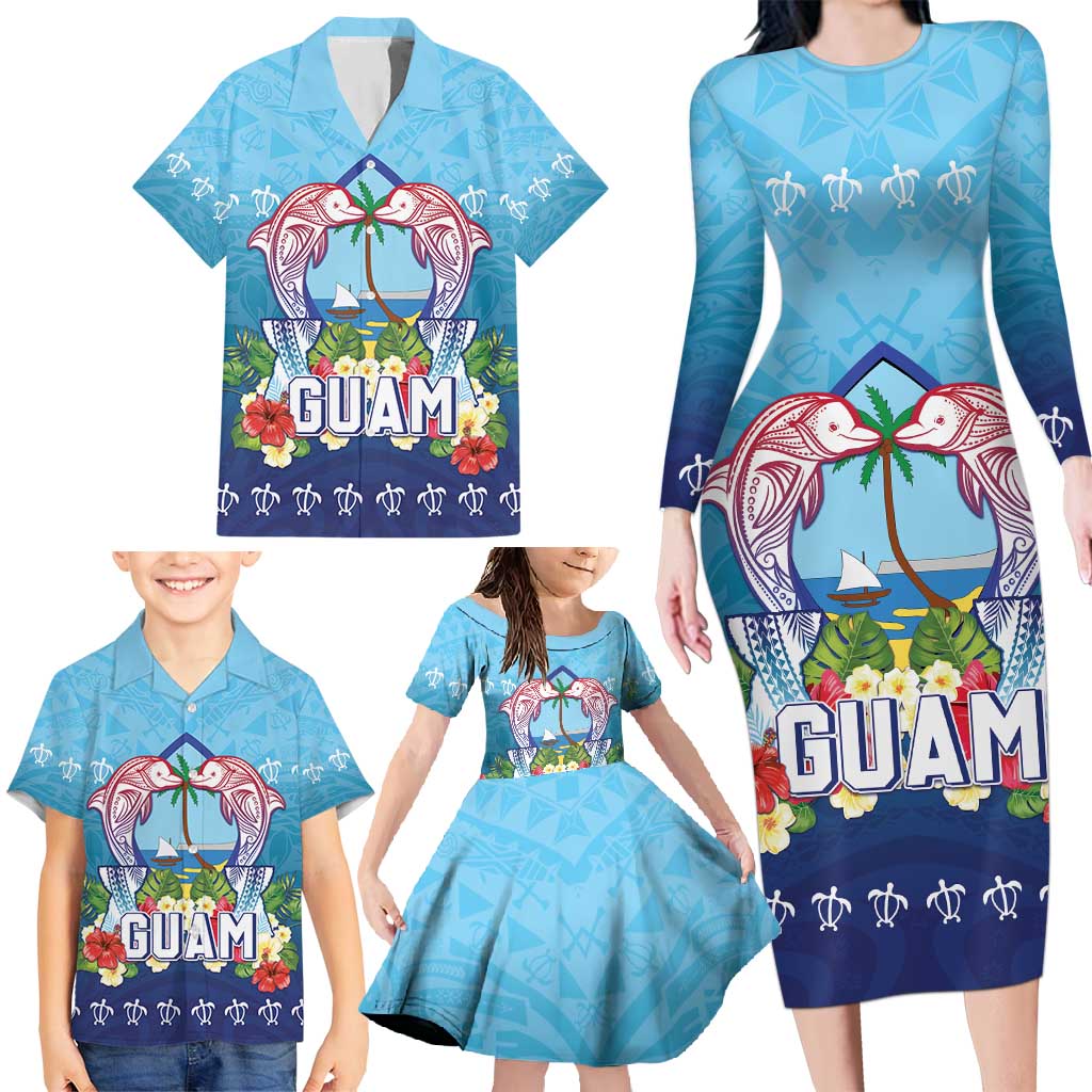 Guam Chamorro Family Matching Long Sleeve Bodycon Dress and Hawaiian Shirt Tribal Latte Stone With Dolphins Blue LT05 - Polynesian Pride