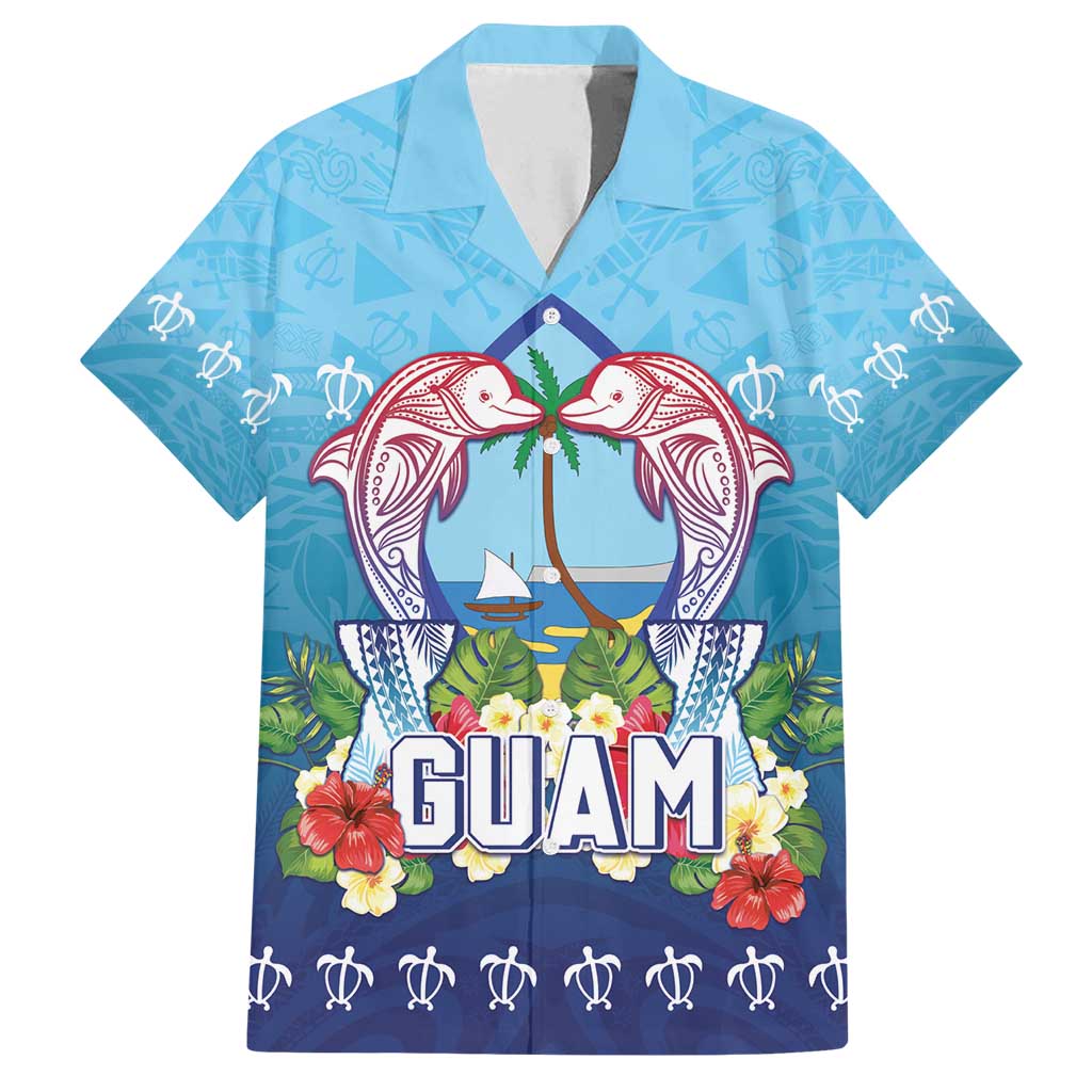 Guam Chamorro Family Matching Long Sleeve Bodycon Dress and Hawaiian Shirt Tribal Latte Stone With Dolphins Blue LT05 Dad's Shirt - Short Sleeve Blue - Polynesian Pride