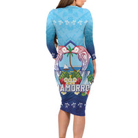 Guam Chamorro Family Matching Long Sleeve Bodycon Dress and Hawaiian Shirt Tribal Latte Stone With Dolphins Blue LT05 - Polynesian Pride