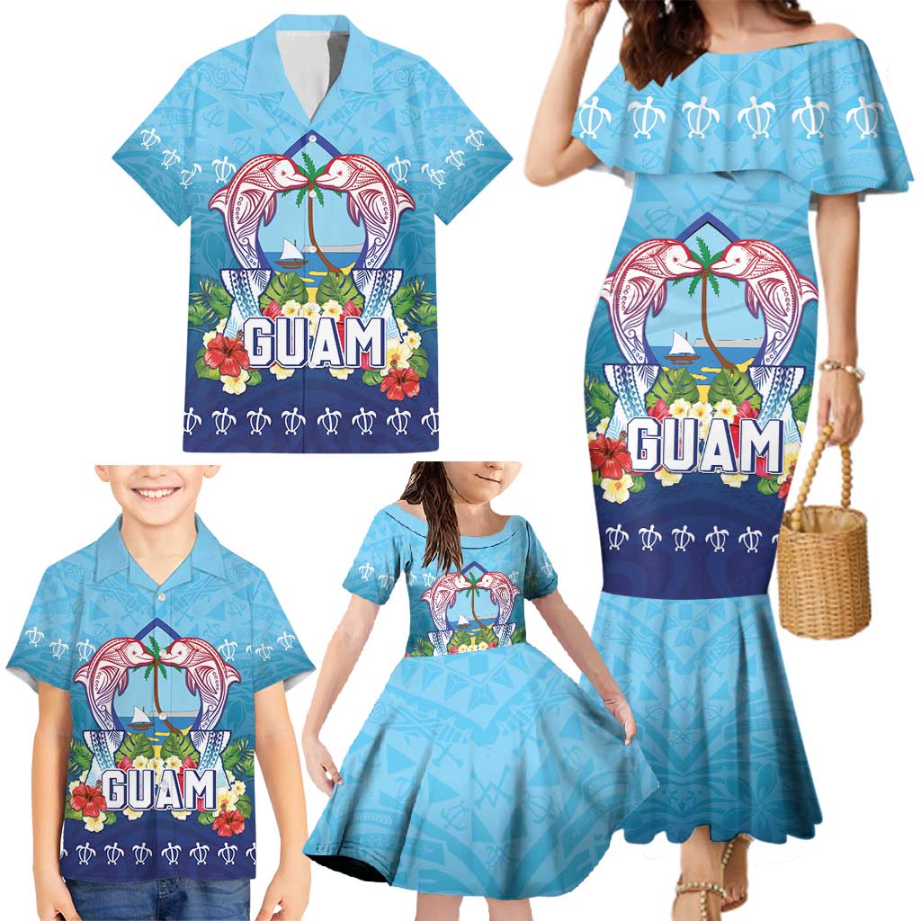 Guam Chamorro Family Matching Mermaid Dress and Hawaiian Shirt Tribal Latte Stone With Dolphins Blue LT05 - Polynesian Pride