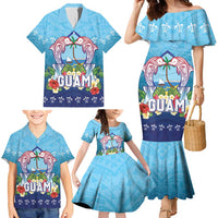 Guam Chamorro Family Matching Mermaid Dress and Hawaiian Shirt Tribal Latte Stone With Dolphins Blue LT05 - Polynesian Pride