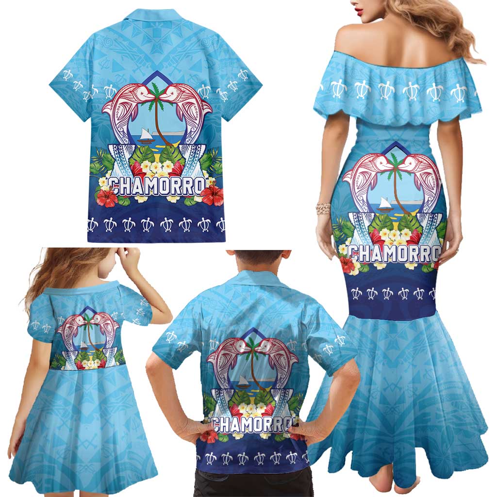Guam Chamorro Family Matching Mermaid Dress and Hawaiian Shirt Tribal Latte Stone With Dolphins Blue LT05 - Polynesian Pride