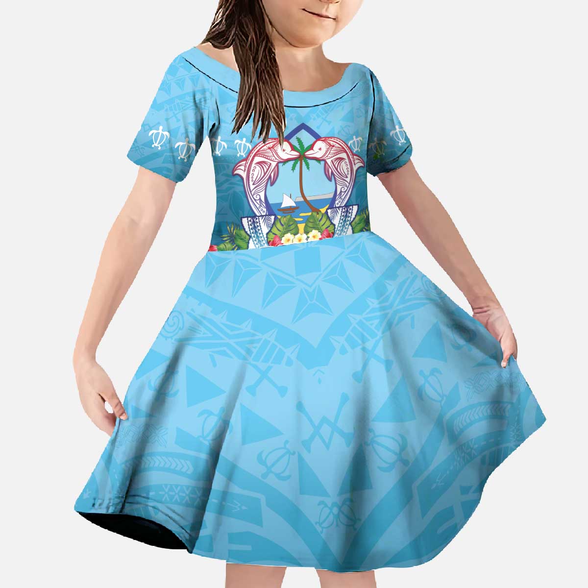Guam Chamorro Family Matching Off The Shoulder Long Sleeve Dress and Hawaiian Shirt Tribal Latte Stone With Dolphins Blue LT05 Daughter's Dress Blue - Polynesian Pride