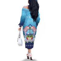 Guam Chamorro Family Matching Off The Shoulder Long Sleeve Dress and Hawaiian Shirt Tribal Latte Stone With Dolphins Blue LT05 - Polynesian Pride