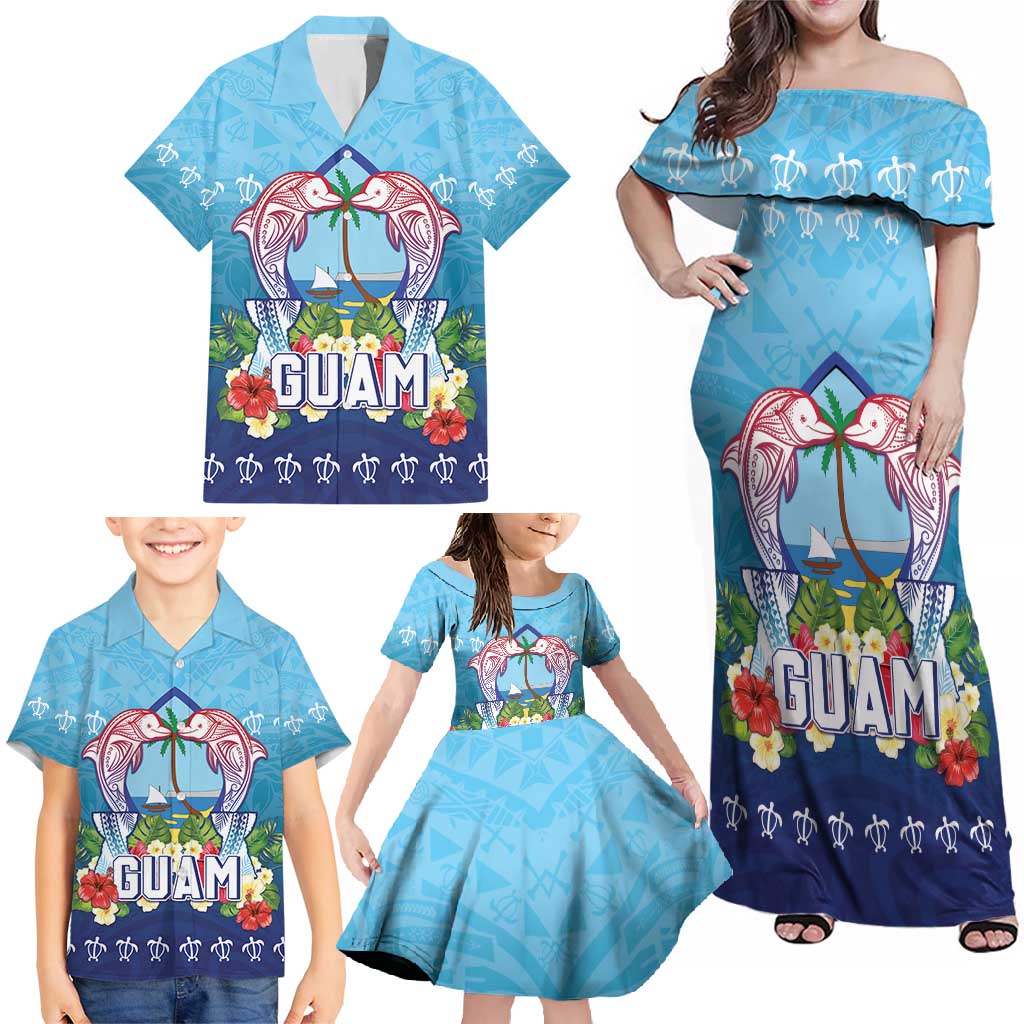 Guam Chamorro Family Matching Off Shoulder Maxi Dress and Hawaiian Shirt Tribal Latte Stone With Dolphins Blue LT05 - Polynesian Pride