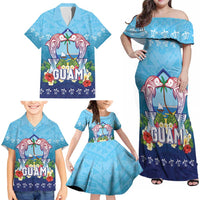 Guam Chamorro Family Matching Off Shoulder Maxi Dress and Hawaiian Shirt Tribal Latte Stone With Dolphins Blue LT05 - Polynesian Pride