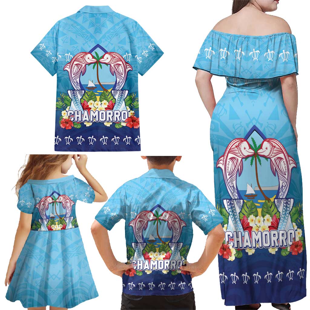 Guam Chamorro Family Matching Off Shoulder Maxi Dress and Hawaiian Shirt Tribal Latte Stone With Dolphins Blue LT05 - Polynesian Pride