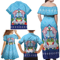 Guam Chamorro Family Matching Off Shoulder Maxi Dress and Hawaiian Shirt Tribal Latte Stone With Dolphins Blue LT05 - Polynesian Pride
