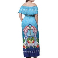 Guam Chamorro Family Matching Off Shoulder Maxi Dress and Hawaiian Shirt Tribal Latte Stone With Dolphins Blue LT05 - Polynesian Pride