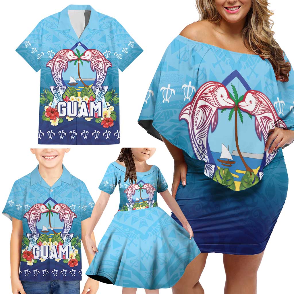 Guam Chamorro Family Matching Off Shoulder Short Dress and Hawaiian Shirt Tribal Latte Stone With Dolphins Blue LT05 - Polynesian Pride