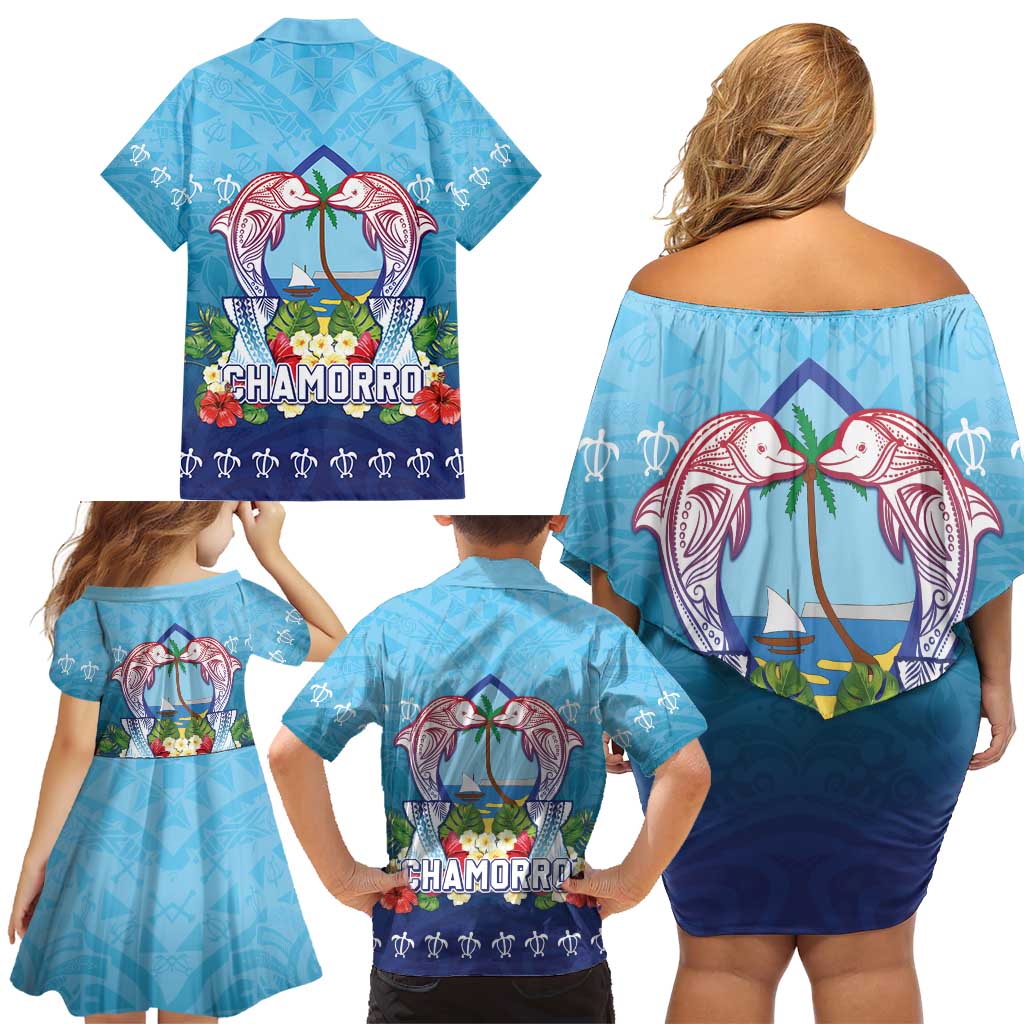 Guam Chamorro Family Matching Off Shoulder Short Dress and Hawaiian Shirt Tribal Latte Stone With Dolphins Blue LT05 - Polynesian Pride