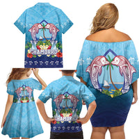 Guam Chamorro Family Matching Off Shoulder Short Dress and Hawaiian Shirt Tribal Latte Stone With Dolphins Blue LT05 - Polynesian Pride