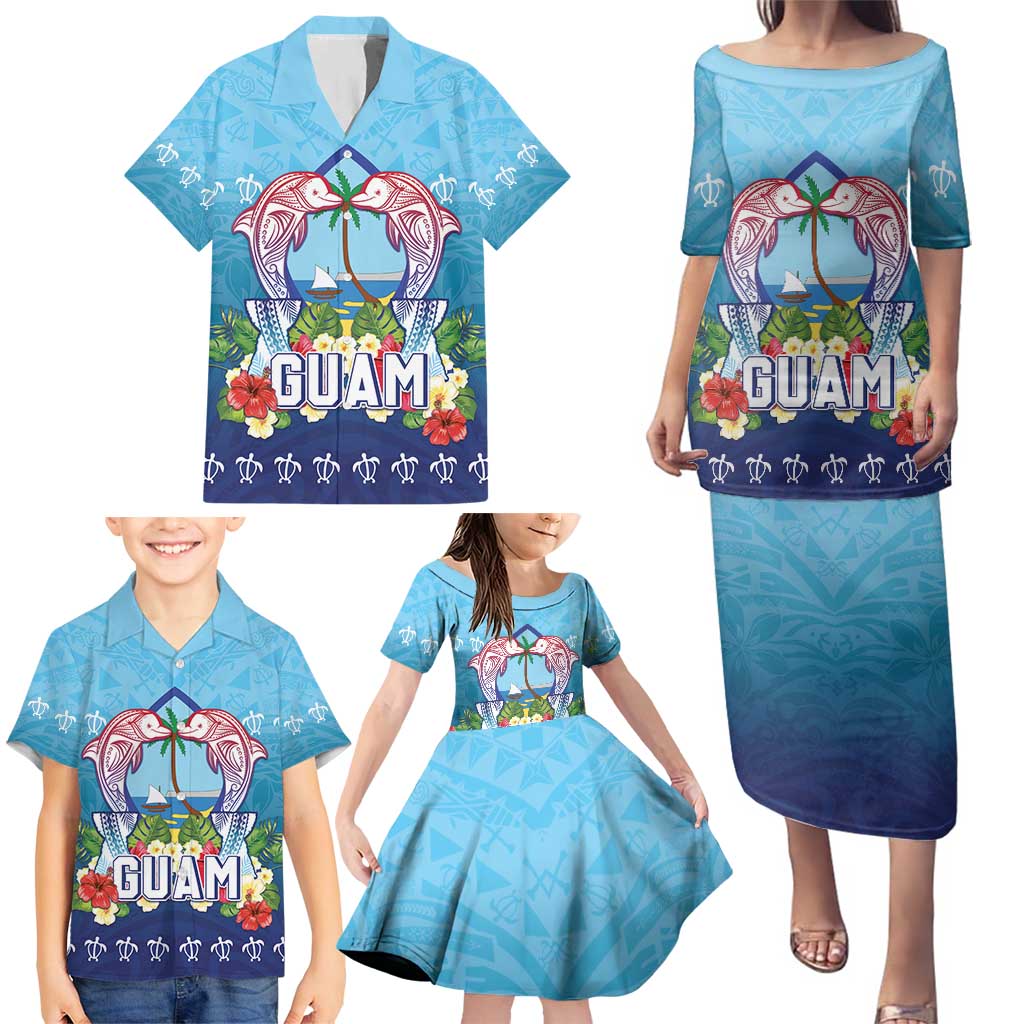 Guam Chamorro Family Matching Puletasi and Hawaiian Shirt Tribal Latte Stone With Dolphins Blue LT05 - Polynesian Pride
