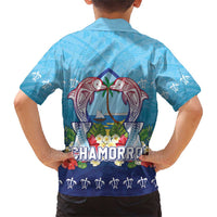 Guam Chamorro Family Matching Short Sleeve Bodycon Dress and Hawaiian Shirt Tribal Latte Stone With Dolphins Blue LT05 - Polynesian Pride