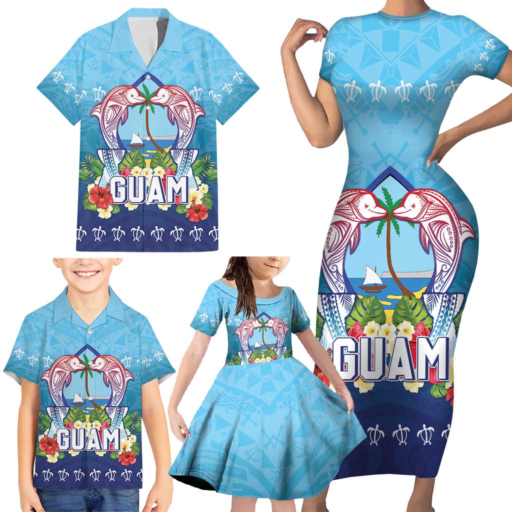 Guam Chamorro Family Matching Short Sleeve Bodycon Dress and Hawaiian Shirt Tribal Latte Stone With Dolphins Blue LT05 - Polynesian Pride