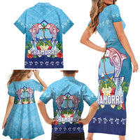 Guam Chamorro Family Matching Short Sleeve Bodycon Dress and Hawaiian Shirt Tribal Latte Stone With Dolphins Blue LT05 - Polynesian Pride