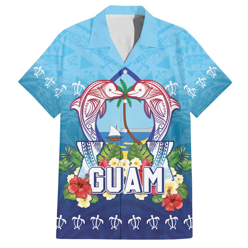 Guam Chamorro Family Matching Short Sleeve Bodycon Dress and Hawaiian Shirt Tribal Latte Stone With Dolphins Blue LT05 Dad's Shirt - Short Sleeve Blue - Polynesian Pride