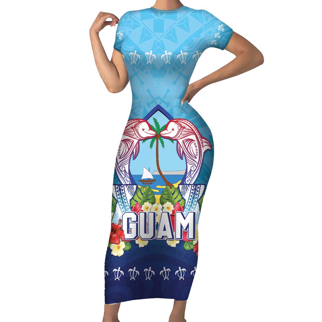 Guam Chamorro Family Matching Short Sleeve Bodycon Dress and Hawaiian Shirt Tribal Latte Stone With Dolphins Blue LT05 Mom's Dress Blue - Polynesian Pride