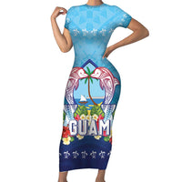 Guam Chamorro Family Matching Short Sleeve Bodycon Dress and Hawaiian Shirt Tribal Latte Stone With Dolphins Blue LT05 Mom's Dress Blue - Polynesian Pride