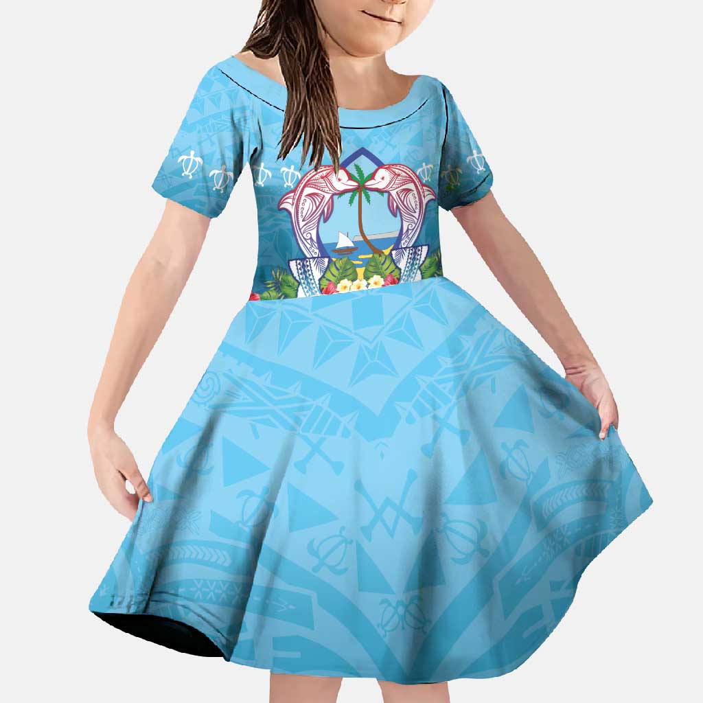 Guam Chamorro Family Matching Summer Maxi Dress and Hawaiian Shirt Tribal Latte Stone With Dolphins Blue LT05 Daughter's Dress Blue - Polynesian Pride