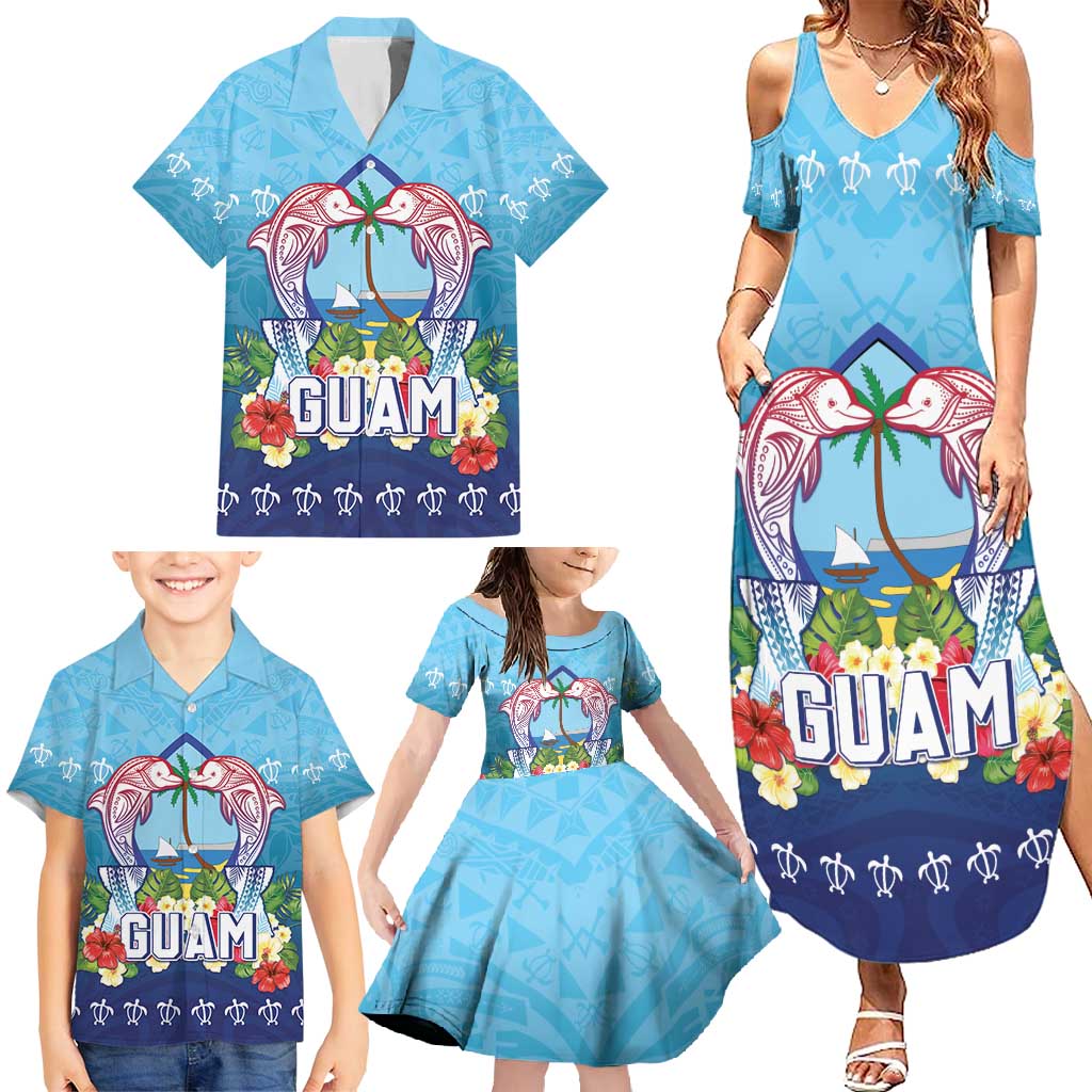 Guam Chamorro Family Matching Summer Maxi Dress and Hawaiian Shirt Tribal Latte Stone With Dolphins Blue LT05 - Polynesian Pride