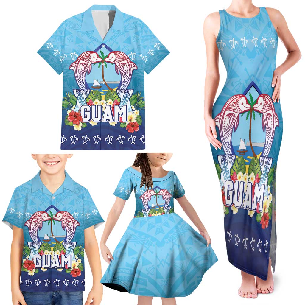Guam Chamorro Family Matching Tank Maxi Dress and Hawaiian Shirt Tribal Latte Stone With Dolphins Blue LT05 - Polynesian Pride