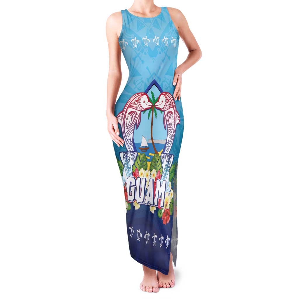 Guam Chamorro Family Matching Tank Maxi Dress and Hawaiian Shirt Tribal Latte Stone With Dolphins Blue LT05 Mom's Dress Blue - Polynesian Pride