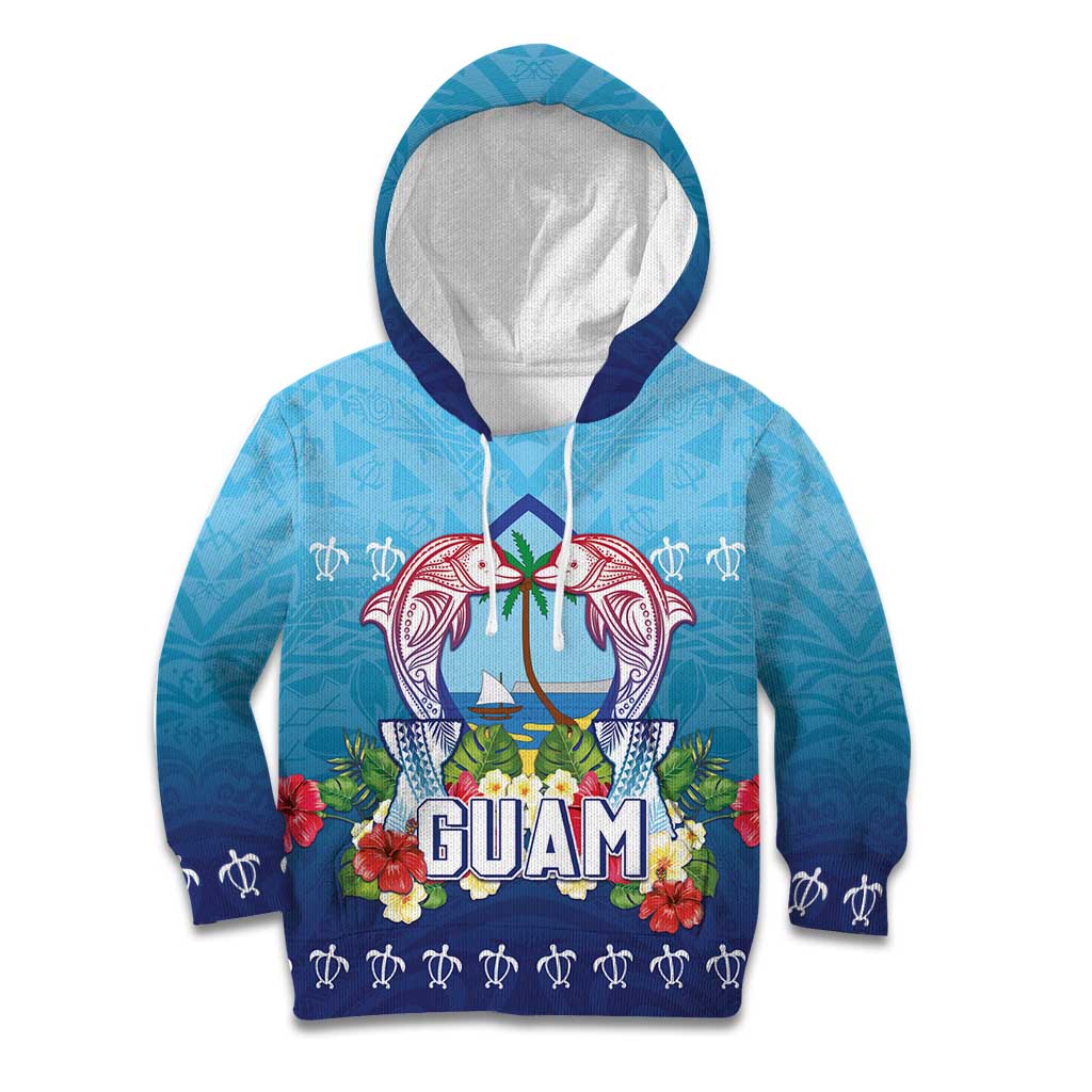 Guam Chamorro Kid Hoodie Tribal Latte Stone With Dolphins Blue LT05 Hoodie Blue - Polynesian Pride