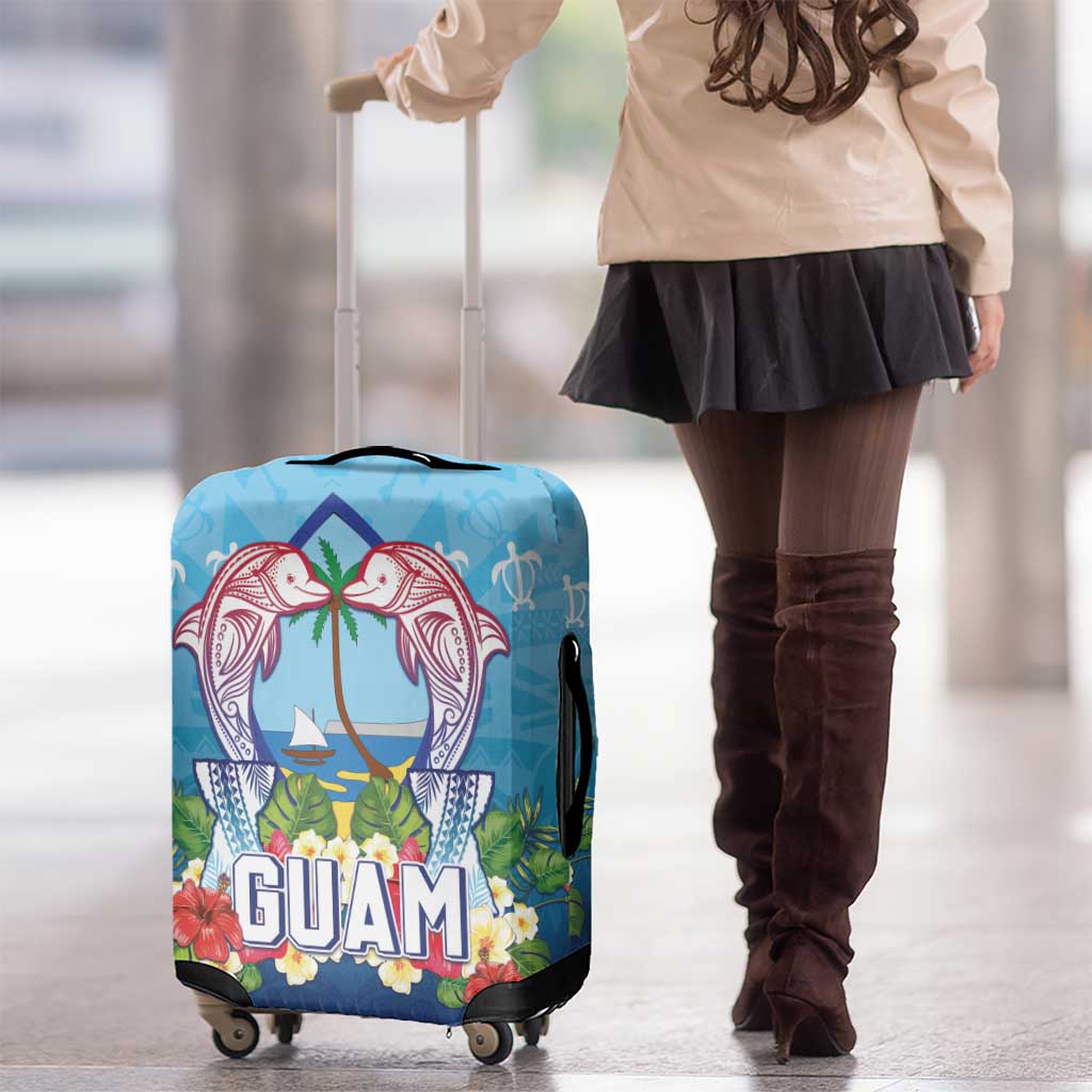 Guam Chamorro Luggage Cover Tribal Latte Stone With Dolphins Blue