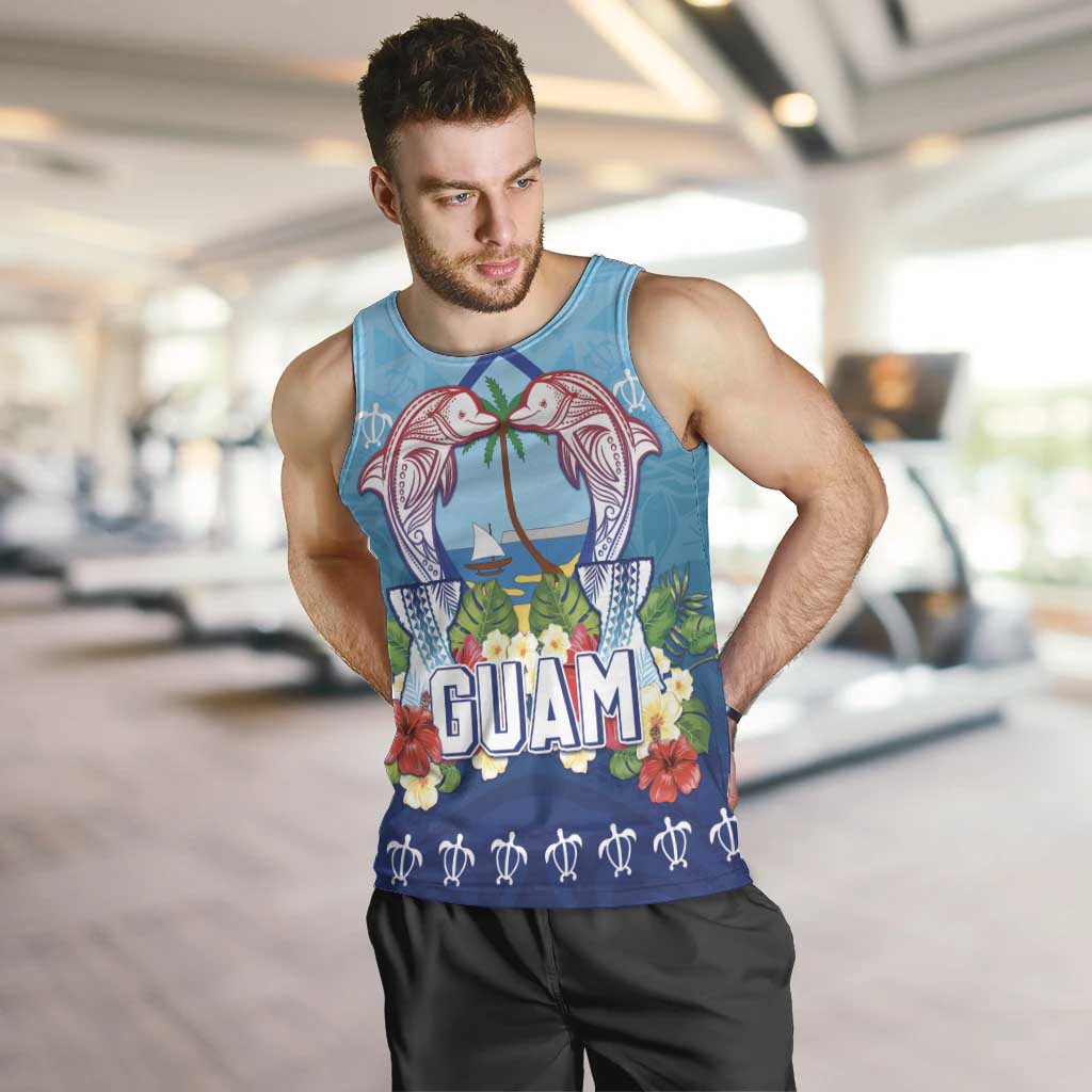 Guam Chamorro Men Tank Top Tribal Latte Stone With Dolphins Blue LT05 Blue - Polynesian Pride