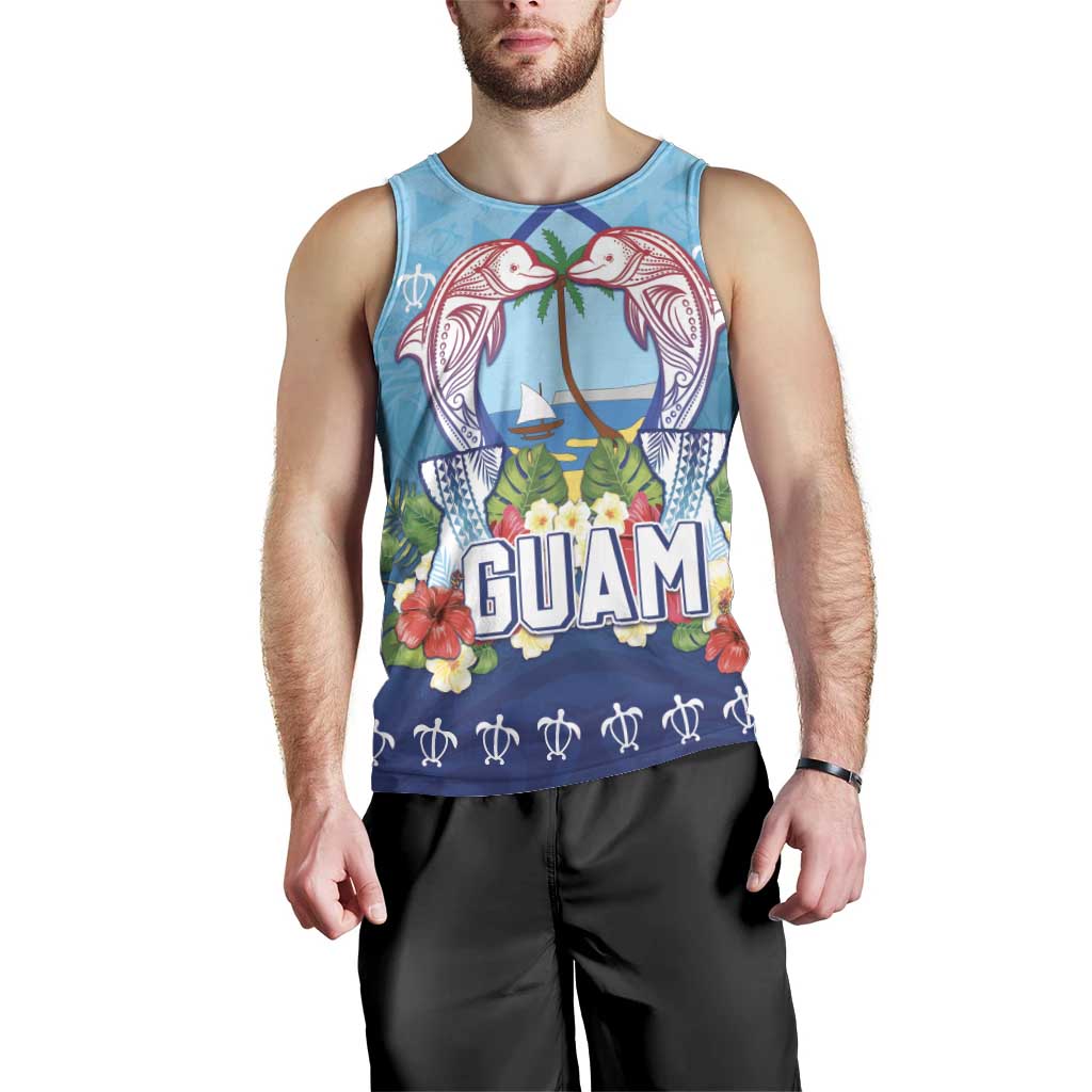 Guam Chamorro Men Tank Top Tribal Latte Stone With Dolphins Blue LT05 - Polynesian Pride