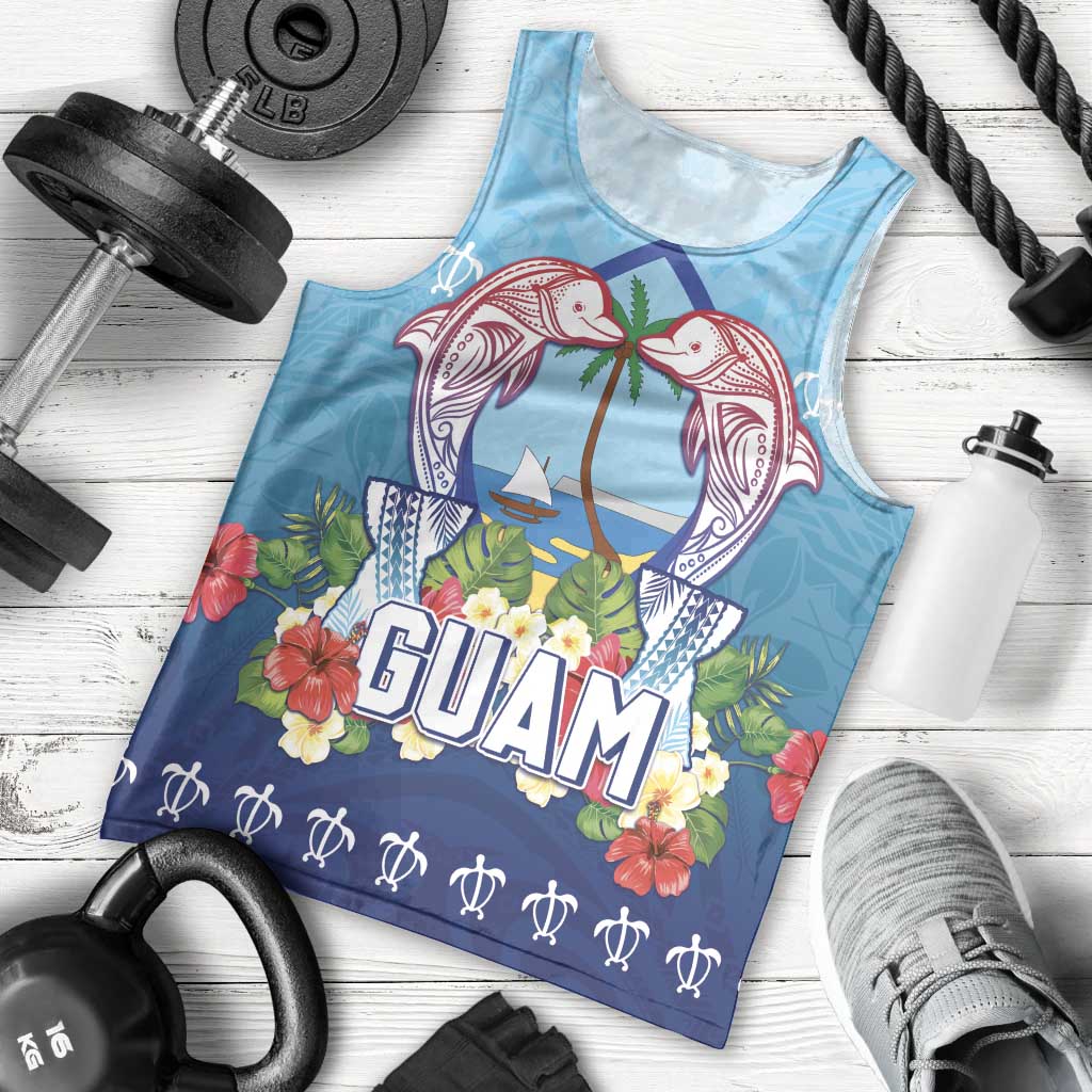 Guam Chamorro Men Tank Top Tribal Latte Stone With Dolphins Blue LT05 - Polynesian Pride