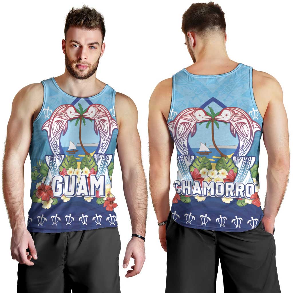 Guam Chamorro Men Tank Top Tribal Latte Stone With Dolphins Blue LT05 - Polynesian Pride