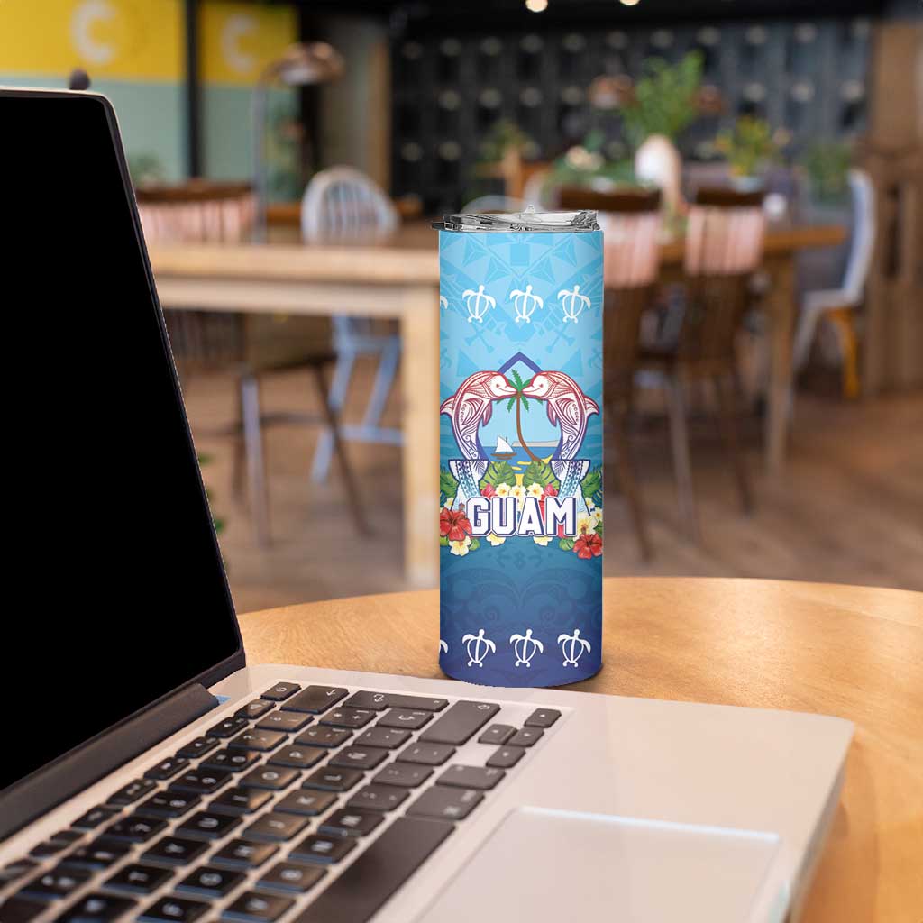 Guam Chamorro Skinny Tumbler Tribal Latte Stone With Dolphins Blue