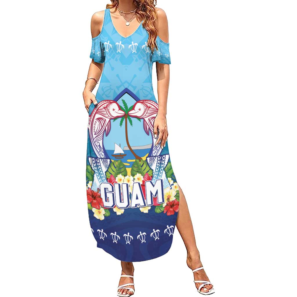 Guam Chamorro Summer Maxi Dress Tribal Latte Stone With Dolphins Blue LT05 Women Blue - Polynesian Pride