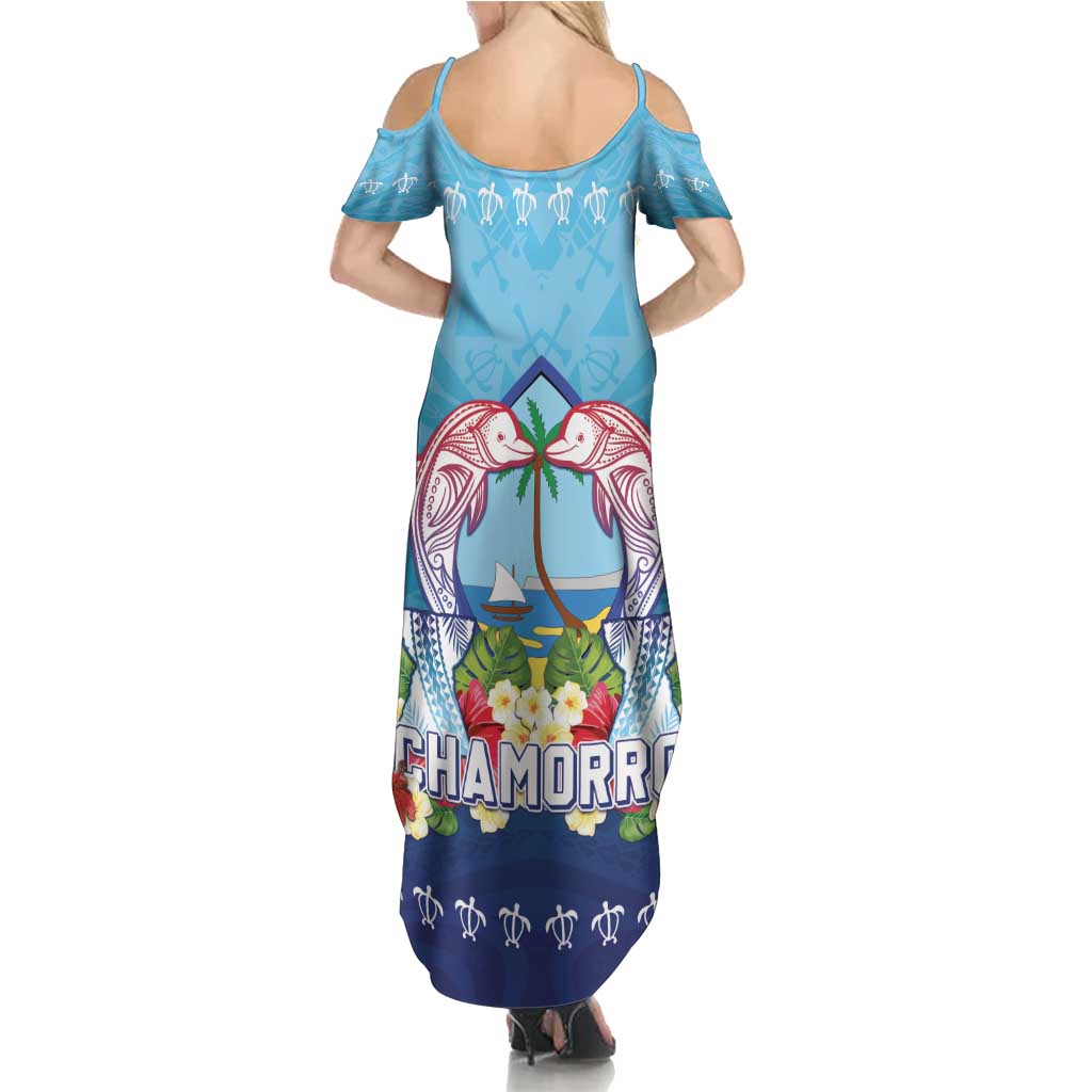 Guam Chamorro Summer Maxi Dress Tribal Latte Stone With Dolphins Blue LT05 - Polynesian Pride