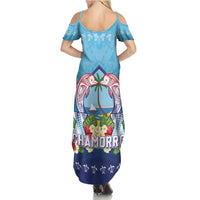 Guam Chamorro Summer Maxi Dress Tribal Latte Stone With Dolphins Blue LT05 - Polynesian Pride