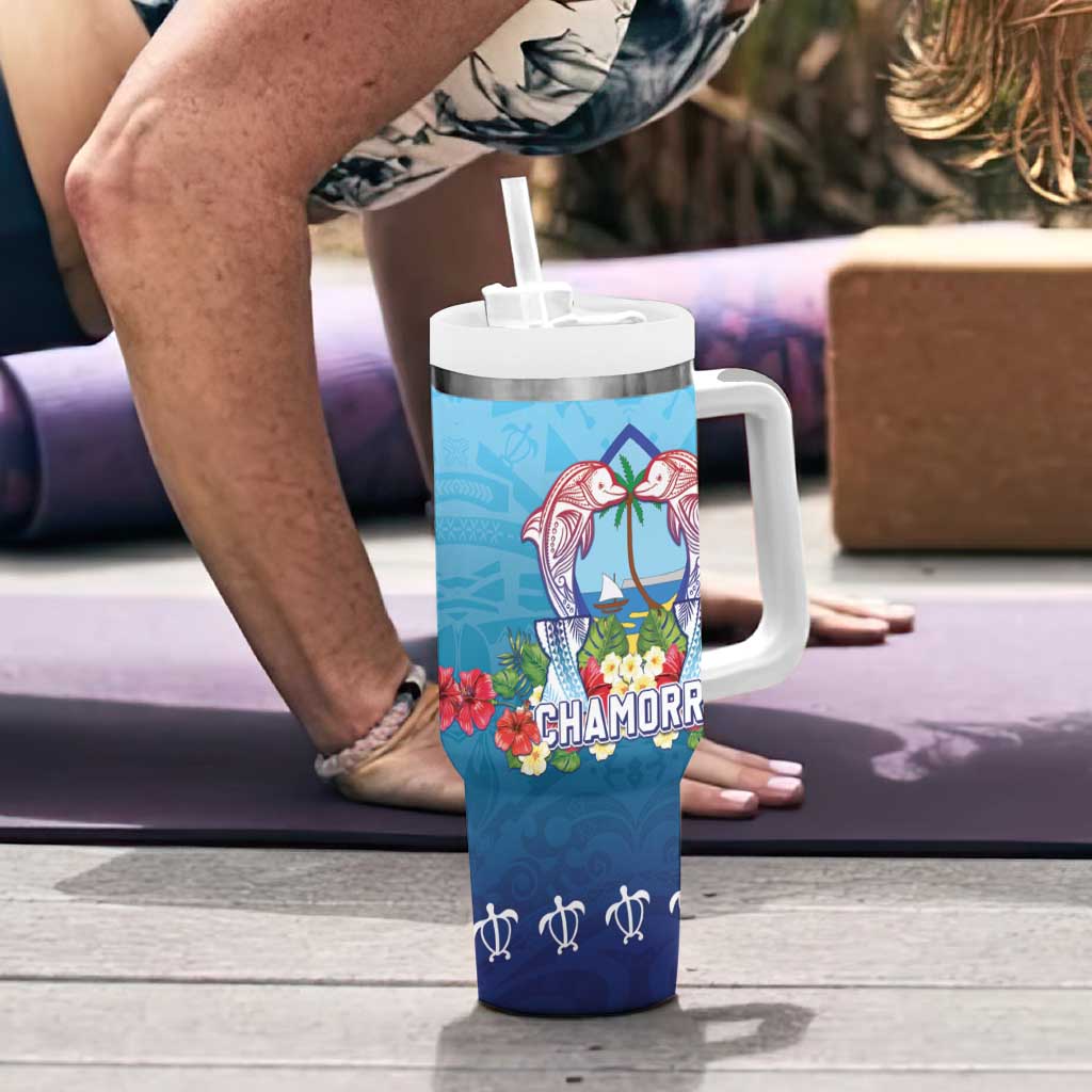 Guam Chamorro Tumbler With Handle Tribal Latte Stone With Dolphins Blue