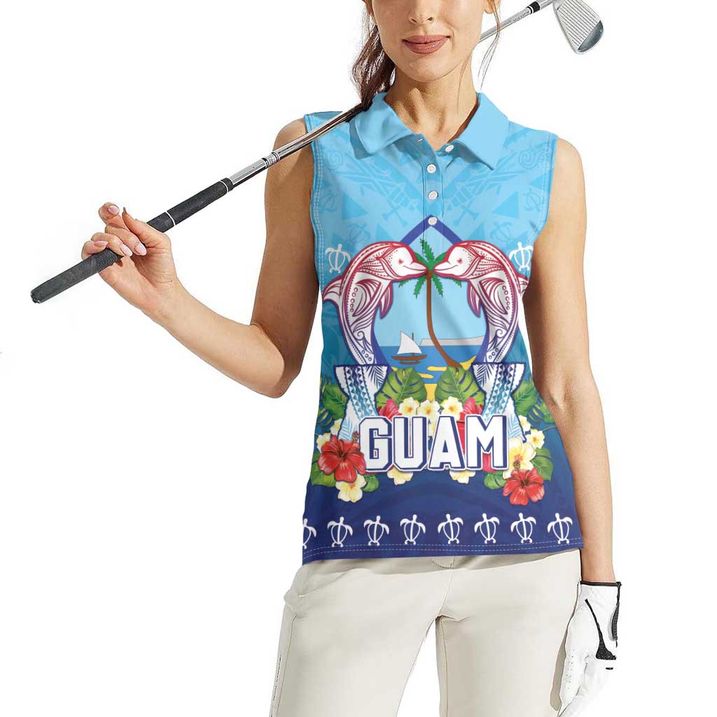 Guam Chamorro Women Sleeveless Polo Shirt Tribal Latte Stone With Dolphins Blue