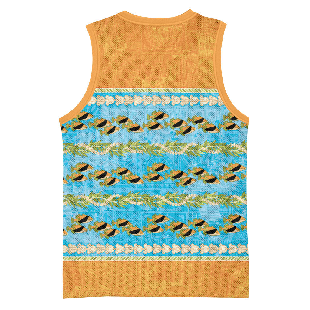 Hawaii Humuhumu Fish Maile Pikake Lei Basketball Jersey Tribal Tapa Orange Version LT05 - Polynesian Pride