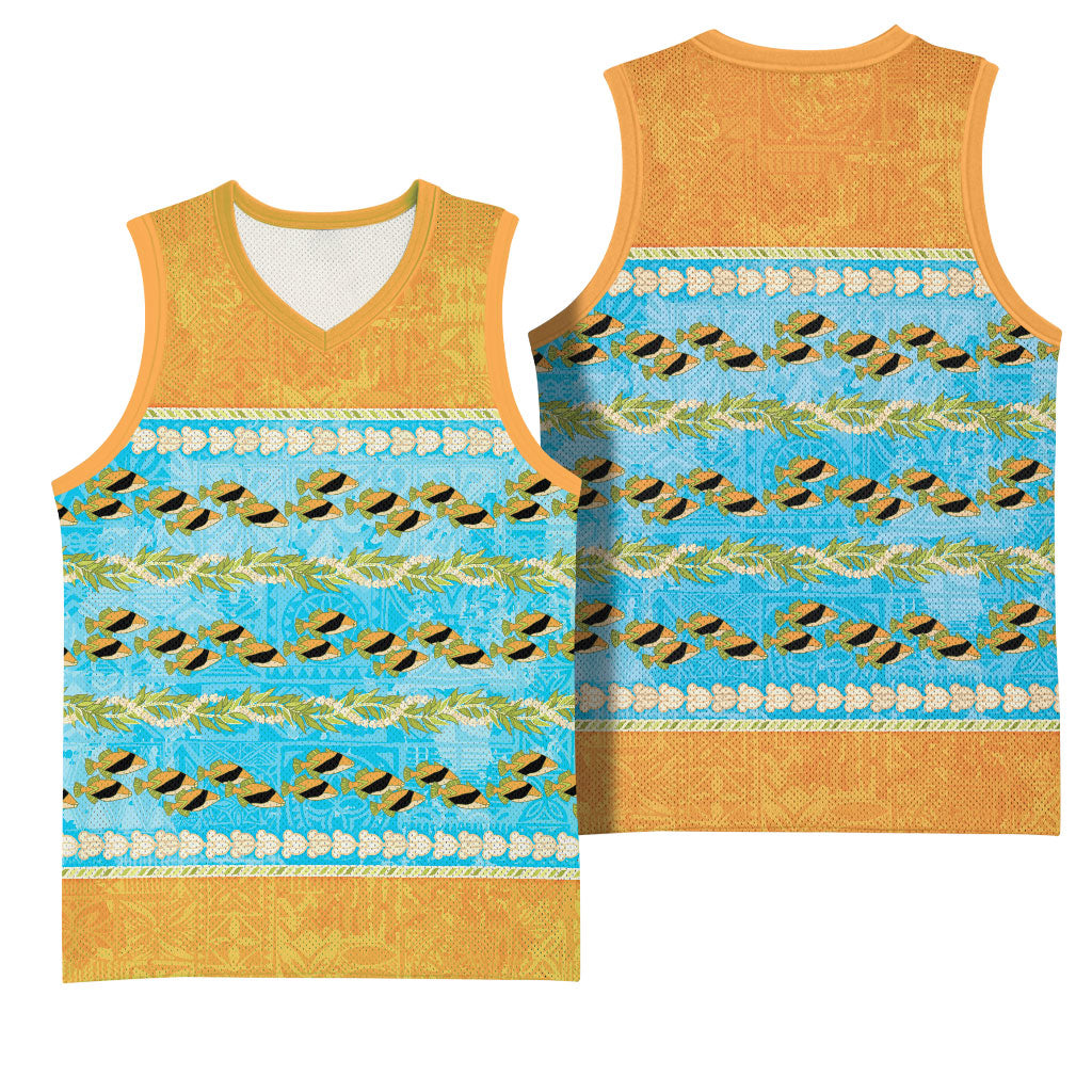 Hawaii Humuhumu Fish Maile Pikake Lei Basketball Jersey Tribal Tapa Orange Version LT05 - Polynesian Pride
