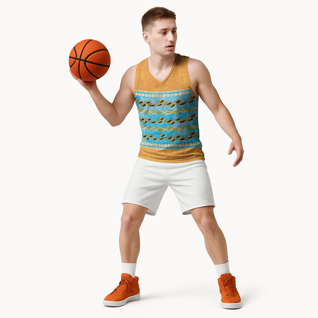 Hawaii Humuhumu Fish Maile Pikake Lei Basketball Jersey Tribal Tapa Orange Version LT05 - Polynesian Pride