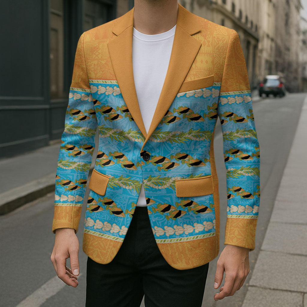 Hawaii Humuhumu Fish Maile Pikake Lei Blazer Tribal Tapa Orange Version LT05 - Polynesian Pride