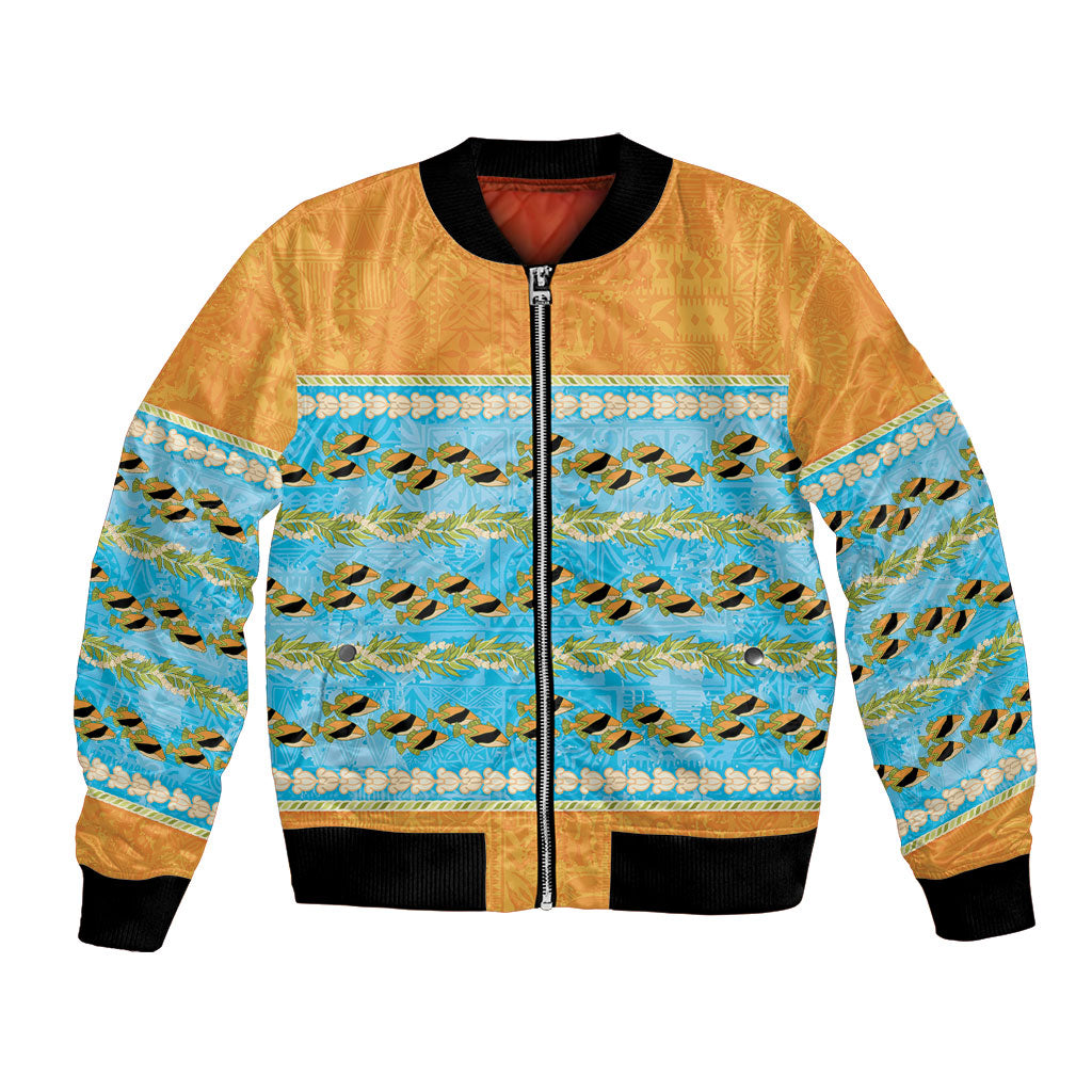 Hawaii Humuhumu Fish Maile Pikake Lei Bomber Jacket Tribal Tapa Orange Version LT05 Unisex Orange - Polynesian Pride