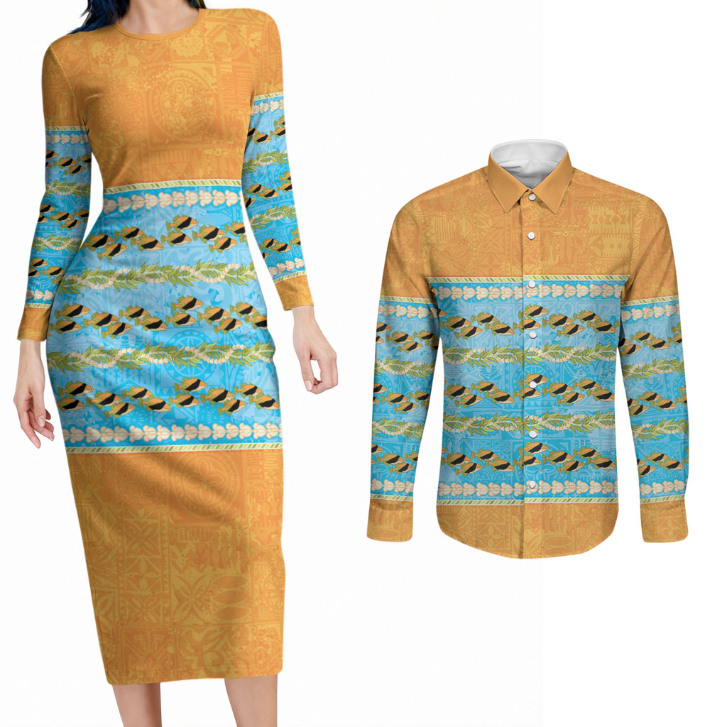 Hawaii Humuhumu Fish Maile Pikake Lei Couples Matching Long Sleeve Bodycon Dress and Long Sleeve Button Shirt Tribal Tapa Orange Version LT05 Orange - Polynesian Pride