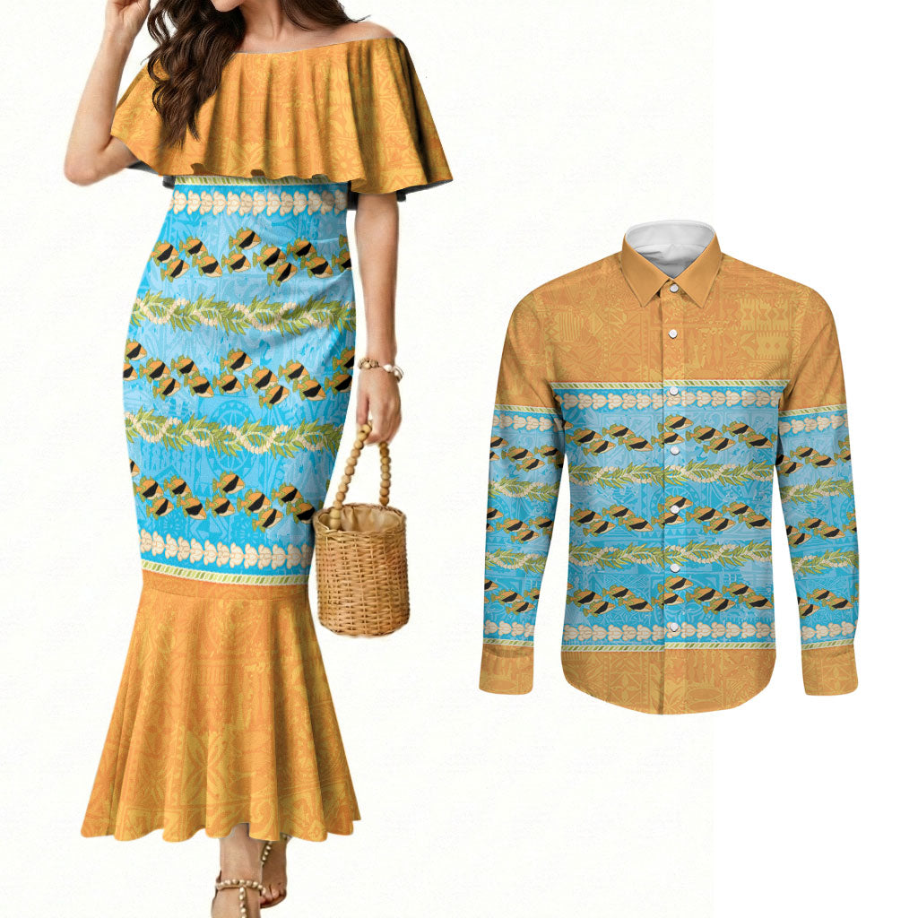 Hawaii Humuhumu Fish Maile Pikake Lei Couples Matching Mermaid Dress and Long Sleeve Button Shirt Tribal Tapa Orange Version LT05 Orange - Polynesian Pride