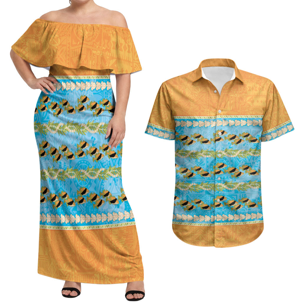 Hawaii Humuhumu Fish Maile Pikake Lei Couples Matching Off Shoulder Maxi Dress and Hawaiian Shirt Tribal Tapa Orange Version LT05 Orange - Polynesian Pride