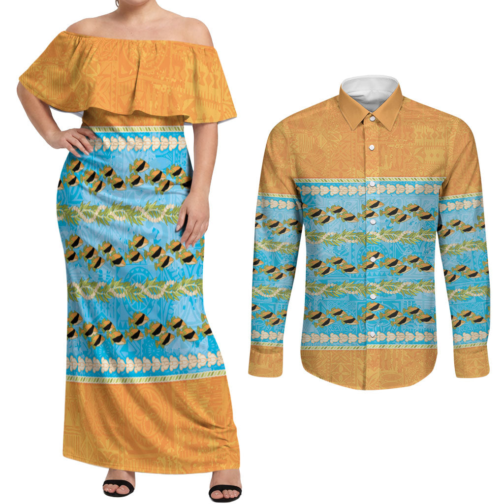 Hawaii Humuhumu Fish Maile Pikake Lei Couples Matching Off Shoulder Maxi Dress and Long Sleeve Button Shirt Tribal Tapa Orange Version LT05 Orange - Polynesian Pride