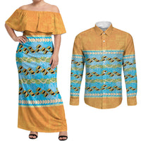 Hawaii Humuhumu Fish Maile Pikake Lei Couples Matching Off Shoulder Maxi Dress and Long Sleeve Button Shirt Tribal Tapa Orange Version LT05 Orange - Polynesian Pride